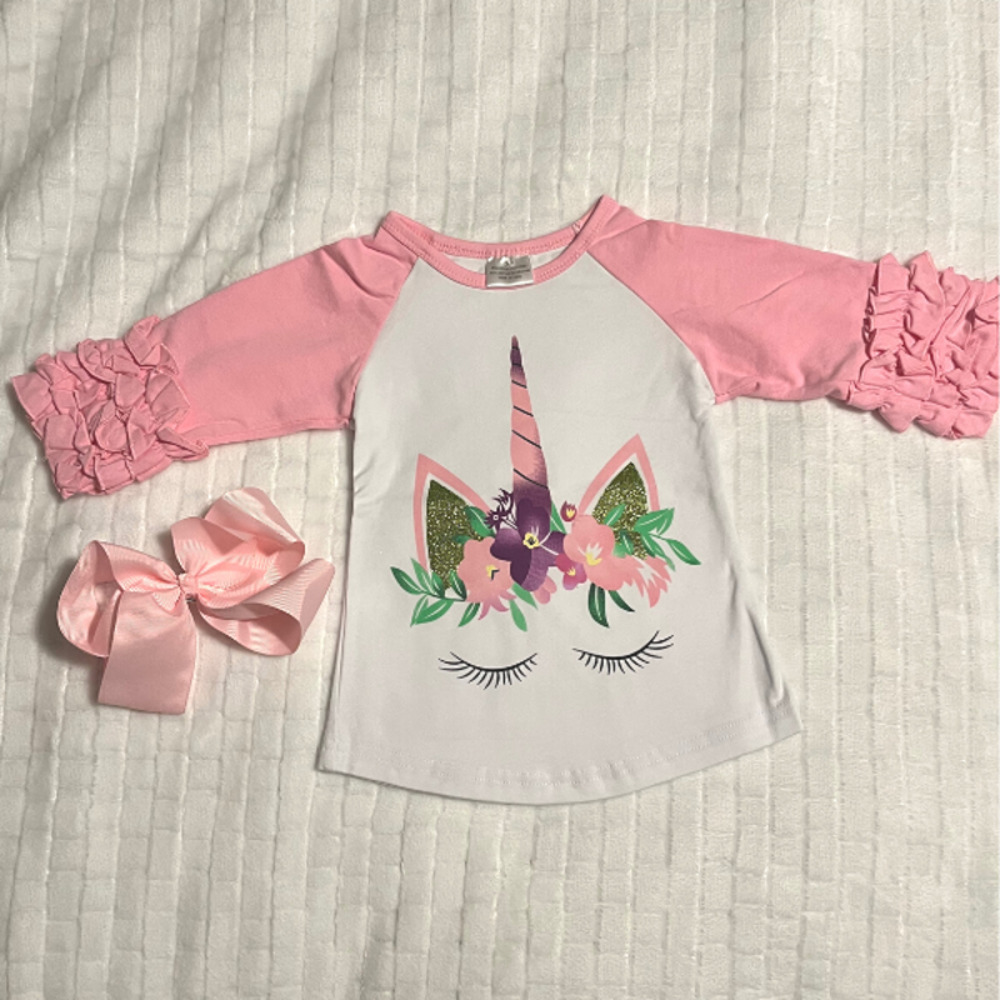 NEW Unicorn Lashes Sparkly Ruffle Party Raglan Tee T Shirt Size XS 2T Girl Pink